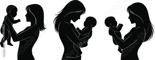 Mother and baby silhouette set, nurturing pose illustration, black vector design, maternal care concept, parenting theme, isolated white background, emotional bonding