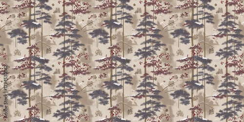 Seamless winter pattern featuring Japanese pine trees, snowflakes, red berries, and subtle gold accents for elegant festive decor.
