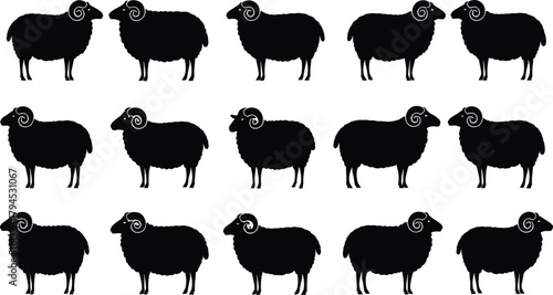Black sheep silhouette grid, horned and hornless variation, visual puzzle concept, pattern recognition, vector illustration, isolated white background, cognitive exercise design