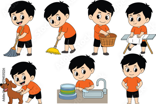 Cartoon boy doing chores, household activities, cleaning tasks, pet care, laundry, dishwashing, vector illustration, educational theme, responsibility concept, isolated background