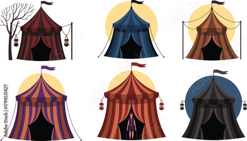 Circus tent vector set, colorful striped designs, whimsical carnival theme, lanterns and flags, theatrical atmosphere, isolated white background, festive illustration