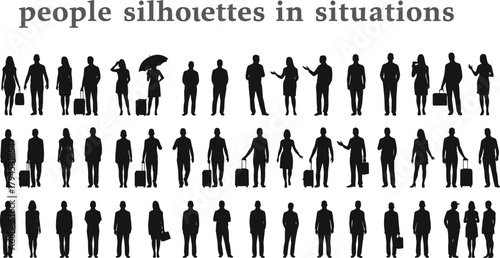 People silhouette collection, everyday situations, walking and standing poses, black vector icons, lifestyle illustration, isolated white background, urban activity concept