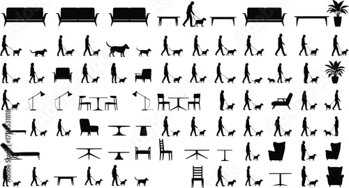 Silhouette grid illustration, people walking dogs, furniture and plants, black vector icons, pattern design, cognitive puzzle concept, isolated white background