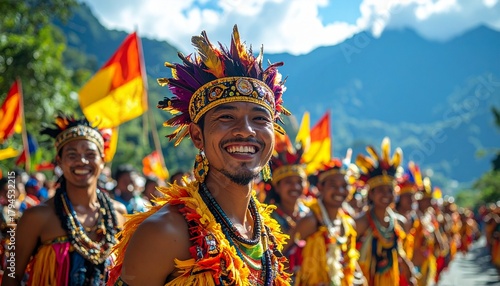 Hornbill Festival Parade: Close-up Portrait of a Cheerful Naga Man in Colorful Tribal Costume and Headdress.