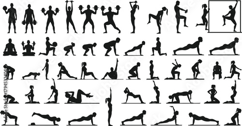 Exercise silhouette collection, workout poses vector, fitness movement illustration, yoga and strength training, black icons, isolated white background, health concept