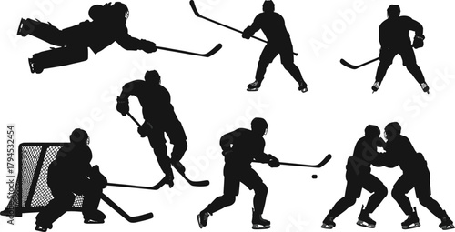 Ice hockey player silhouettes in dynamic action poses, skating, shooting, defending, and goalkeeping, detailed vector illustration for sports graphics, training, and competitive themes