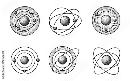 Intricate atomic structures with orbiting electrons in monochrome style