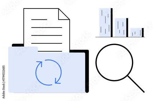 Folder with arrows for data synchronization, paper, magnifying glass, and bar chart. Ideal for data analysis, organization, document management, research, updates progress tracking simple flat
