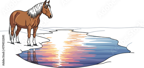 Brown horse standing near a frozen river in a snowy winter landscape scene