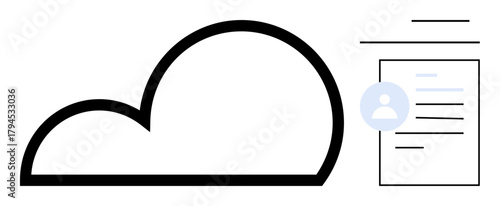Large cloud icon beside a document interface featuring a profile photo placeholder. Ideal for data storage, cloud computing, user management, document sharing, technology, digital security, simple