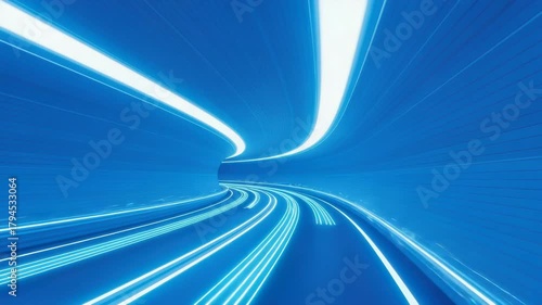 Futuristic blue tunnel with glowing light streaks creating a sense of speed