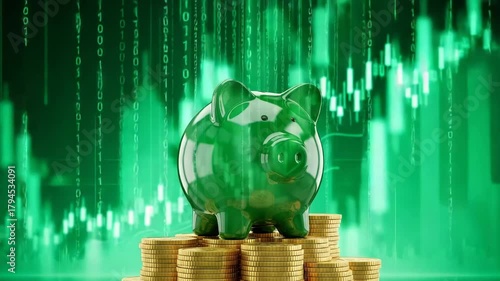 Green piggy bank on stacks of gold coins with digital background