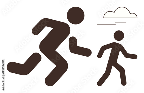 Stylized human figures running, emphasizing pursuit, fitness, or competition under a cloud. Ideal for teamwork, exercise, activity, speed motivation goals success. Simplistic flat metaphor