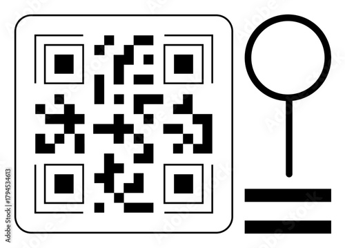 QR code paired with a circular map pin and horizontal lines. Ideal for technology, navigation, digital marketing, connectivity, global reach, modern tools, and information sharing. Simple flat
