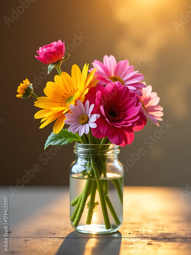 Wallpaper Mural shot bouquet vibrant flowers overflowing delicate glass vial surrounded soft golden light mist symbolizing Torontodigital.ca