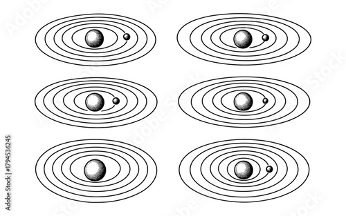 Atomic structure patterns with orbiting electrons in monochrome design