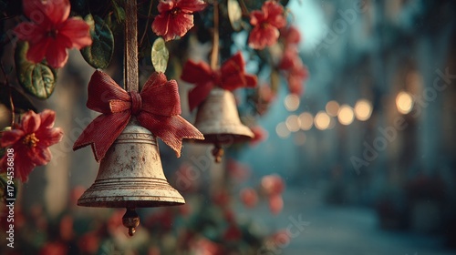 Enchanting christmas bells above the manger scene in bethlehem cold night sky serene view of the nativity