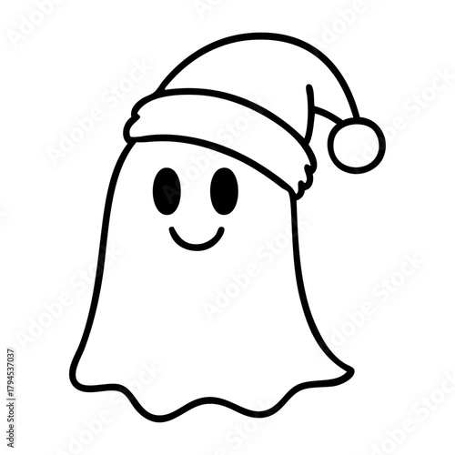 Dibujo sencillo con líneas de fantasma simpático con sombrero de Santa Claus para tarjetas y felicitaciones de Navidad