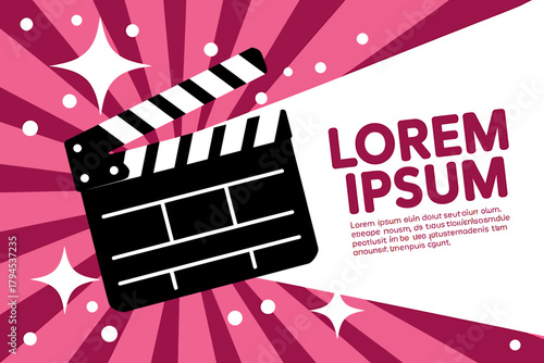Clapperboard for Film Industry Announcement with Pink Background and Star Decorations and Lorem Ipsum Placeholder Text Ideal for Promotional Materials