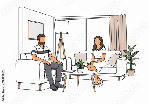 Man talking to a female psychologist during a therapy session. Mental health and counseling concept. Modern continuous line art drawing