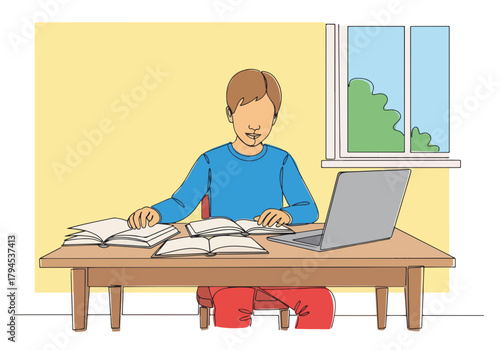 Young boy studying at a desk with a laptop and books at home. Continuous one line drawing of a student doing homework. Online education concept