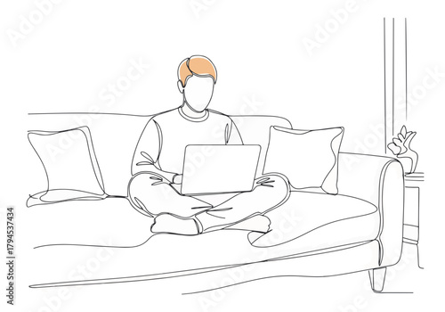 A person working on a laptop at home. Continuous one-line drawing of a minimalist character sitting on a sofa. Remote work and freelance concept