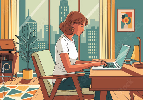Woman working on a laptop in a home office. Remote work and freelancer lifestyle concept. Flat design graphic with a city skyline view