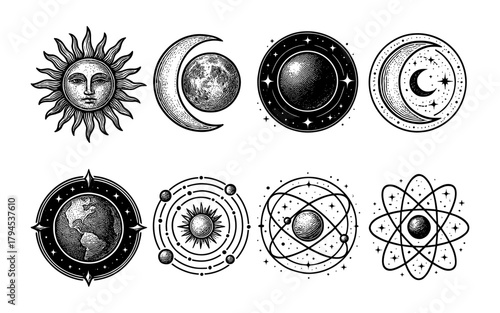 Celestial cosmic symbols with vintage sun, moon, earth, and stars in retro style