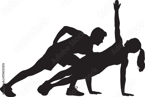 Couple doing fitness workout together silhouette vector