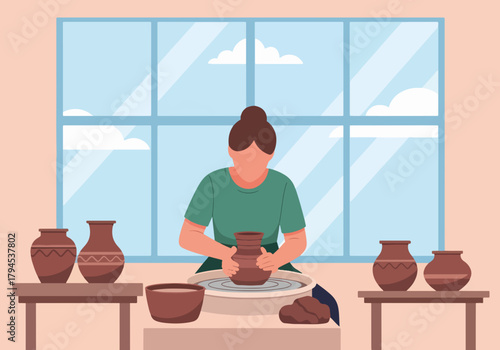 Woman making pottery on a wheel. Flat design graphic of a creative hobby. Artisan in a workshop creating handmade ceramics