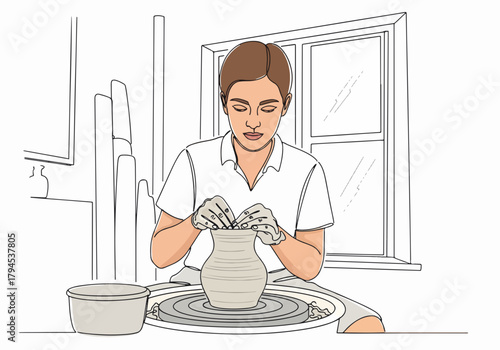A woman making pottery on a potter's wheel. Artist shaping a clay vase in a workshop. Line art drawing of a creative craft and hobby concept
