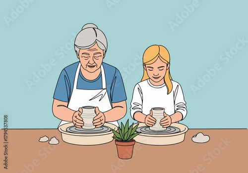 Grandmother and granddaughter at a pottery making class. Creative family bonding over a shared craft hobby. Flat design line art