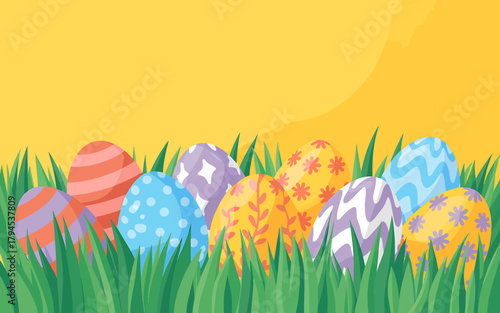 Colorful Easter Egg Hunt in the Grass with Yellow Background and Decorative Designs Springtime Celebration Festive Holiday