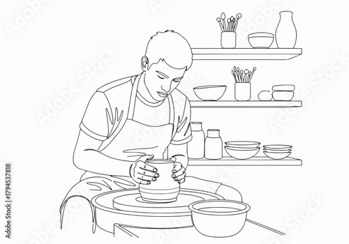 A man making pottery on a wheel in a workshop. Continuous single line art drawing of a craftsman. Handmade craft and creative hobby concept