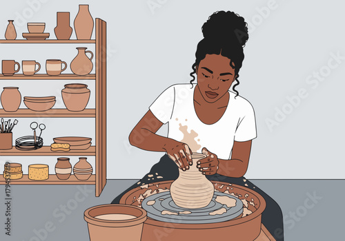 A Black woman making pottery on a potter's wheel. Artisan craft hobby in a creative workshop. Flat design with line art