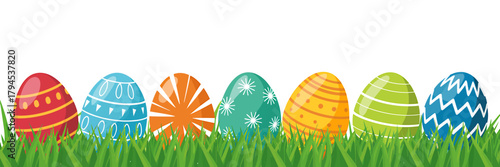 Colorful Easter Eggs in Grass Row Festive Springtime Celebration and Decoration Elements for Graphic Design Projects and Seasonal Greetings Cards