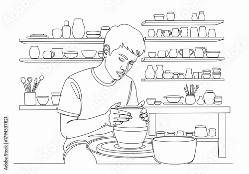 Continuous line art of a man engaged in pottery making. Craftsman in a workshop shaping a clay pot on a wheel. Minimalist outline drawing