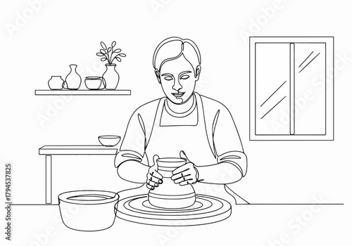 A single continuous line drawing of a potter making pottery. Handmade craft and hobby concept in a workshop. Minimalist black and white contour art