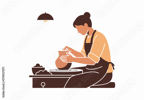 Woman making pottery on a wheel. Artisan craft and hobby concept. Minimalist flat design graphic