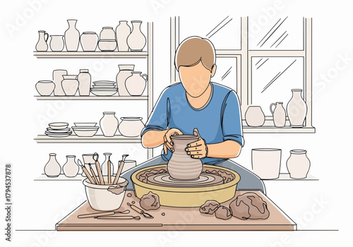 A potter shaping a clay pot on a wheel. Handmade ceramic craft in a workshop. Simple line art drawing