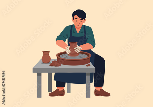 A man making pottery on a wheel. Artisan craftsman creating a handmade ceramic pot. Flat design character graphic
