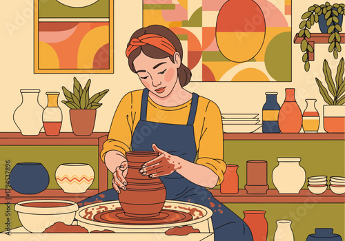 A woman making pottery on a wheel in a creative workshop. Handmade ceramic craft and hobby concept. Flat design graphic