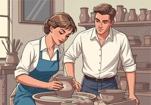 A couple making pottery together in a workshop. Cartoon graphic of a man teaching a woman how to shape a clay pot on a wheel. Handmade craft and creative hobby concept.