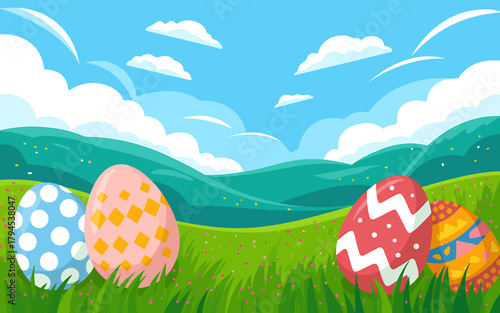 Colorful Easter Eggs in a Spring Landscape with Rolling Hills and a Bright Blue Sky Cartoon Vector Illustration
