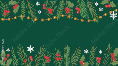 Festive Christmas Background with Pine Branches Holly Berries Snowflakes and Garland for Holiday Season Celebrations