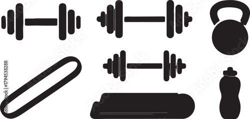 Fitness equipment with dumbbell and kettlebell vector set