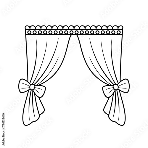 Elegant Drawn Curtains with Bows and Decorative Trim Isolated on White Background Perfect for Coloring or Design Elements