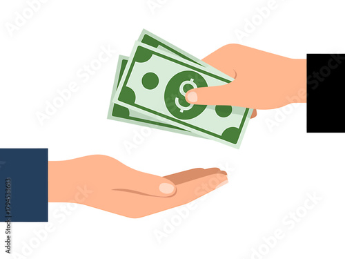 Handing over money representing payment salary investment earnings or financial transaction with clean simple vector graphic illustration on a white background