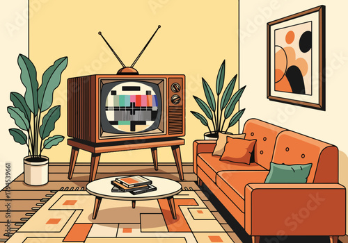 Vintage tv in a retro home living room. Mid-century modern furniture and interior decor. Flat design graphic