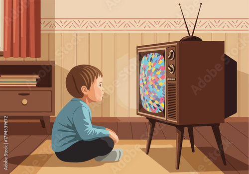 A young boy watching a retro tv at home. Vintage childhood nostalgia concept. Flat design graphic of a classic television in a living room